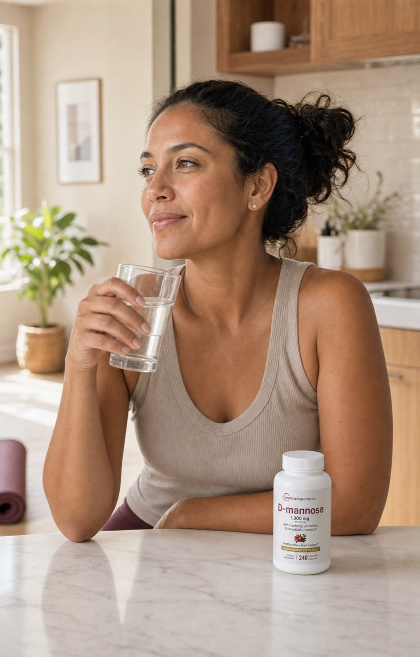 Woman having water after a morning yoga routine with Metric Ingredients D-mannose nearby