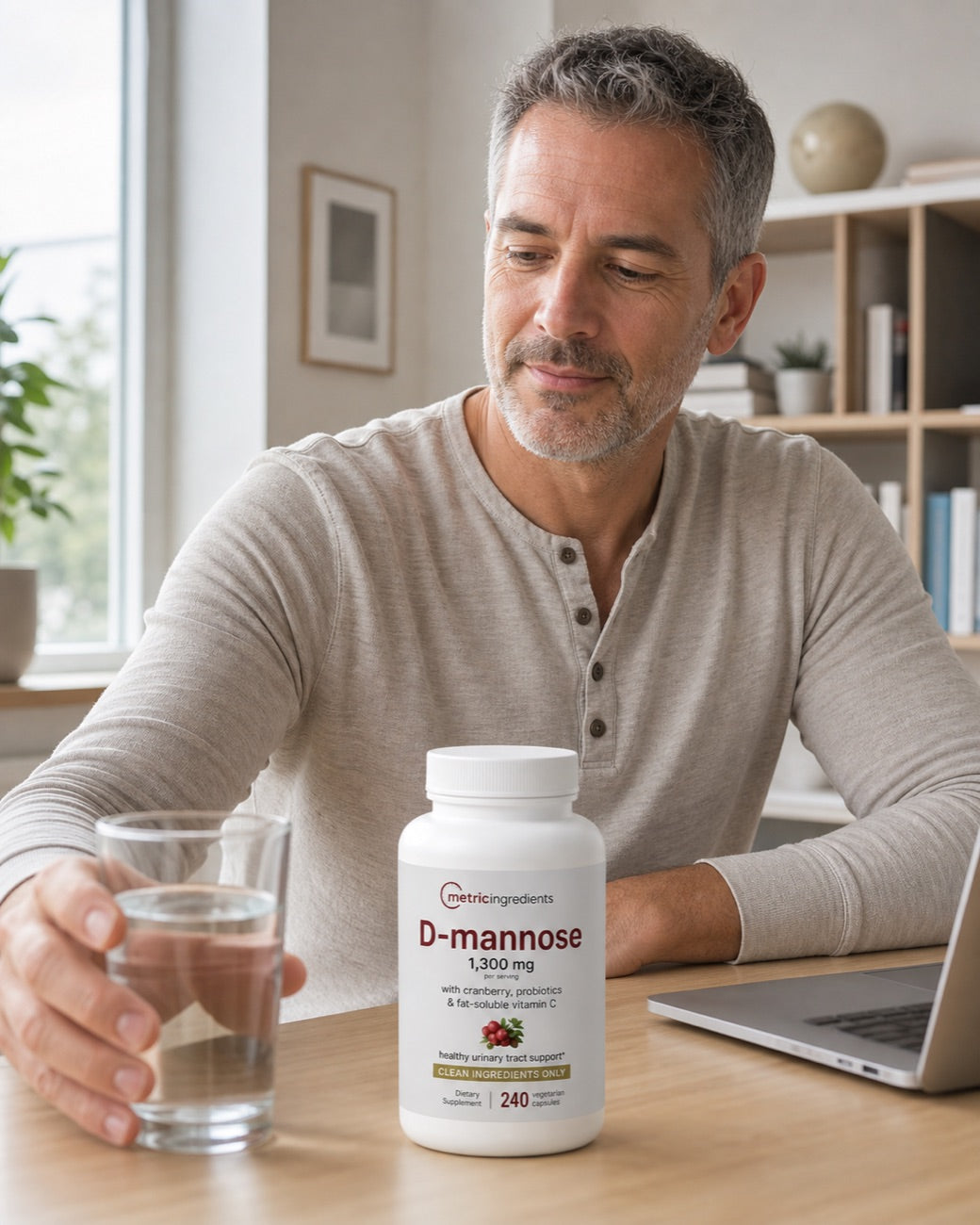Lifestyle image of a man with Metric Ingredients D-mannose and water