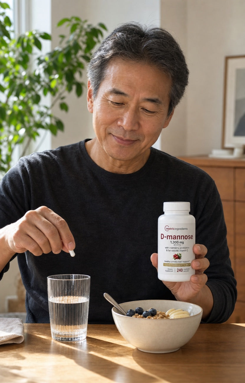 Man taking Metric Ingredients D-mannose with breakfast and water