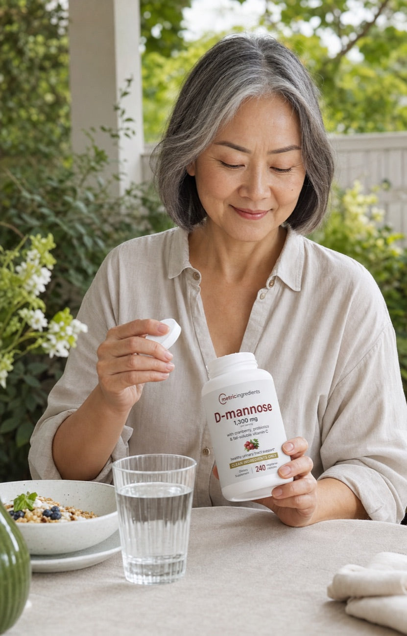 Lifestyle image of a woman opening Metric Ingredients D-mannose