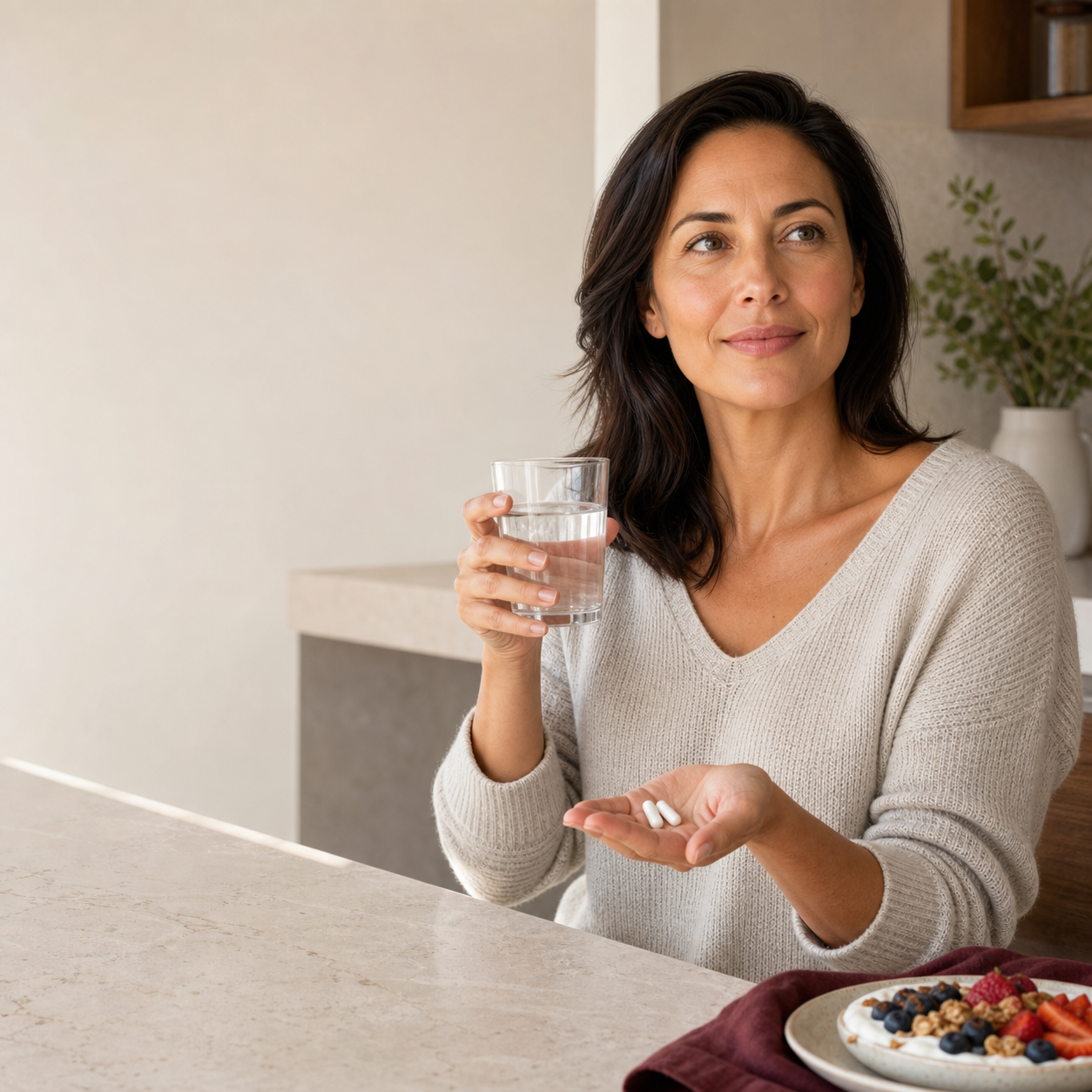 Woman holding water and three vegetarian capsules at breakfast