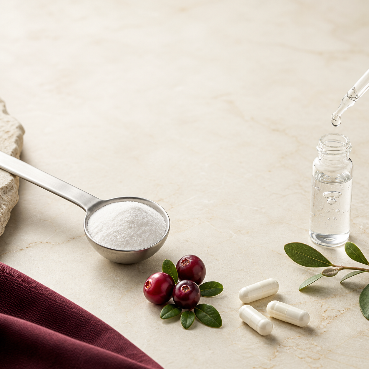 D-mannose powder, cranberries, white capsules, and laboratory vial
