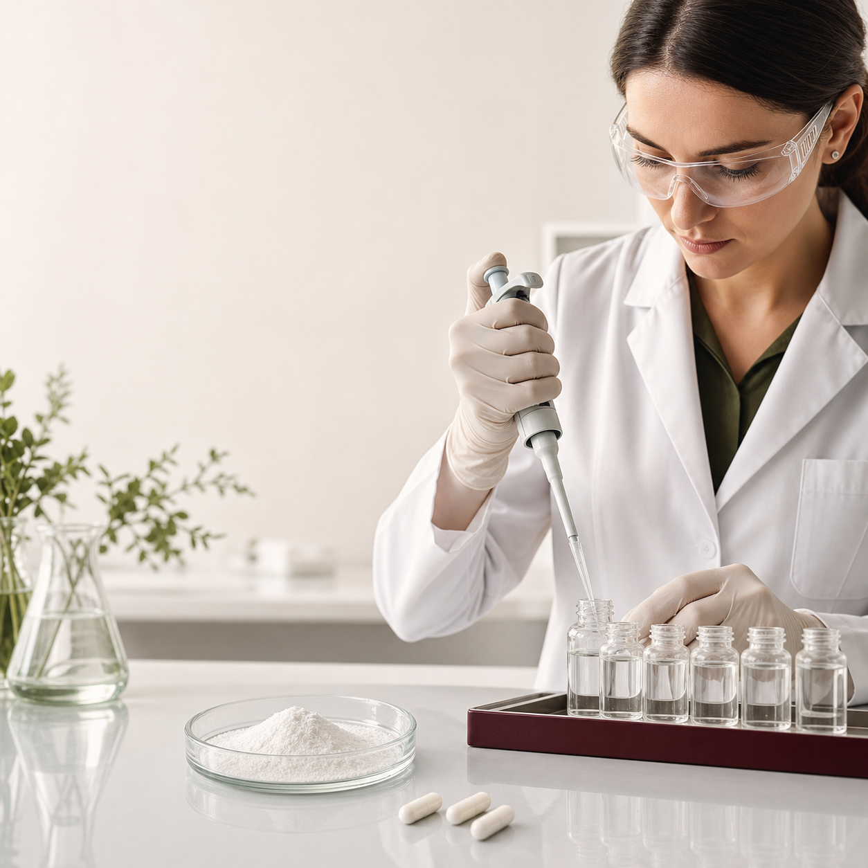Laboratory technician using a pipette with supplement samples