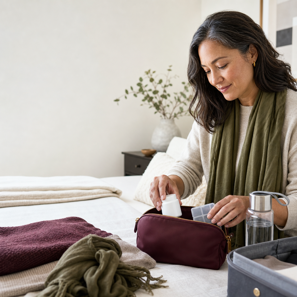 Woman packing a daily capsule routine for a trip