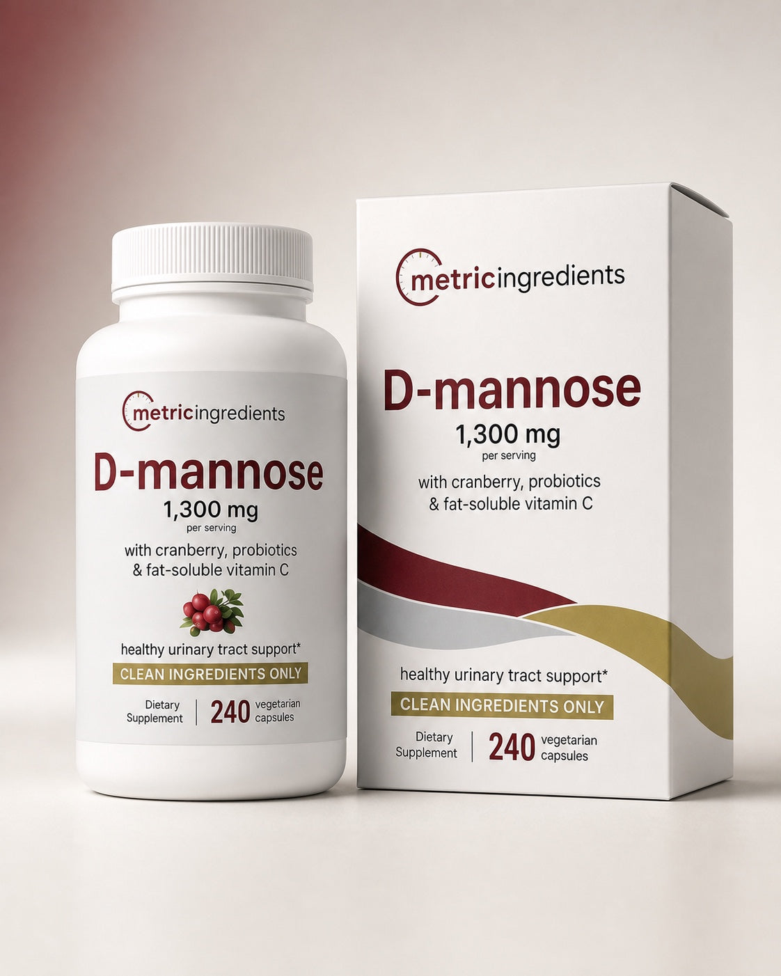 Metric Ingredients D-mannose bottle and box in burgundy, cool gray, and olive packaging