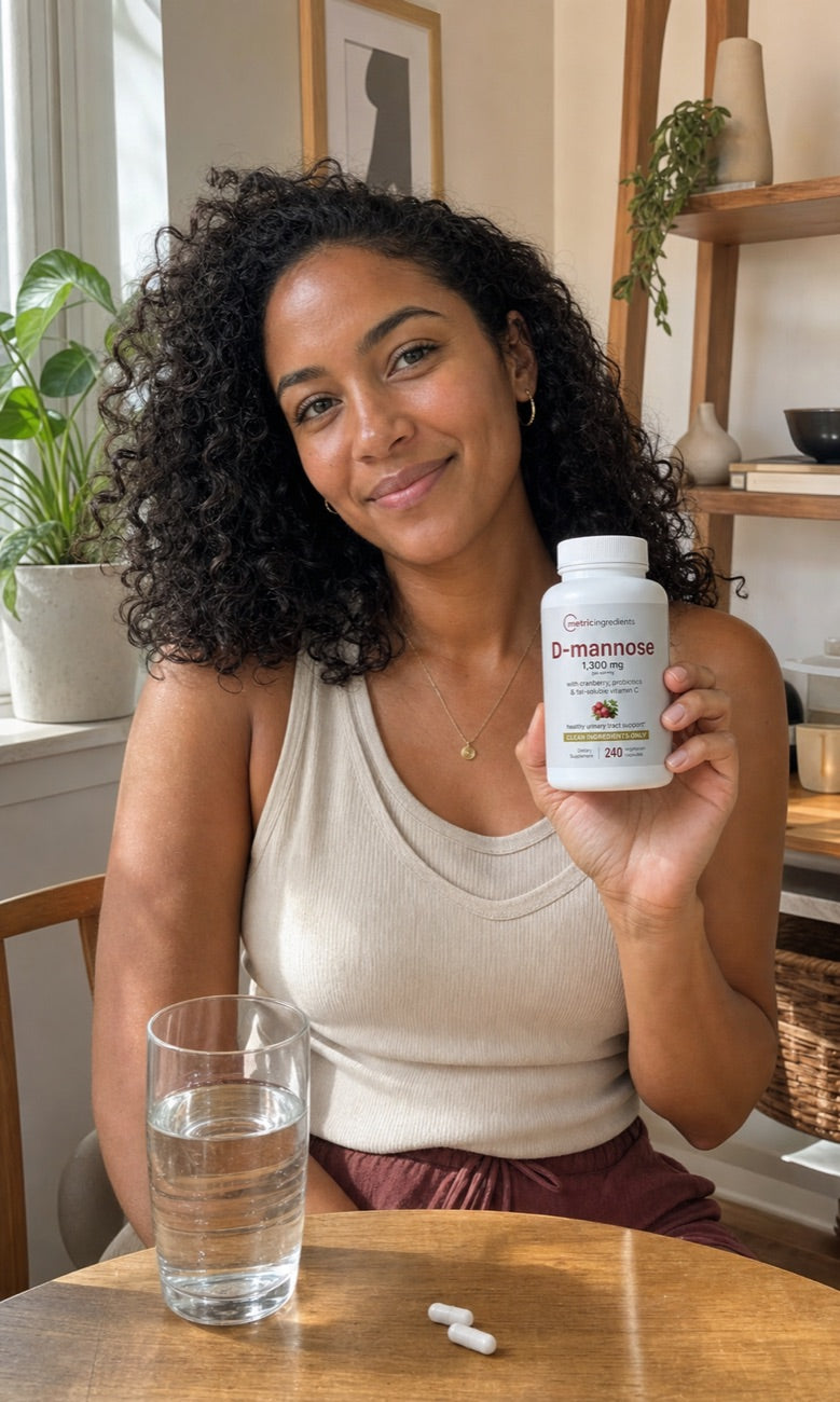 Lifestyle image of a woman holding Metric Ingredients D-mannose