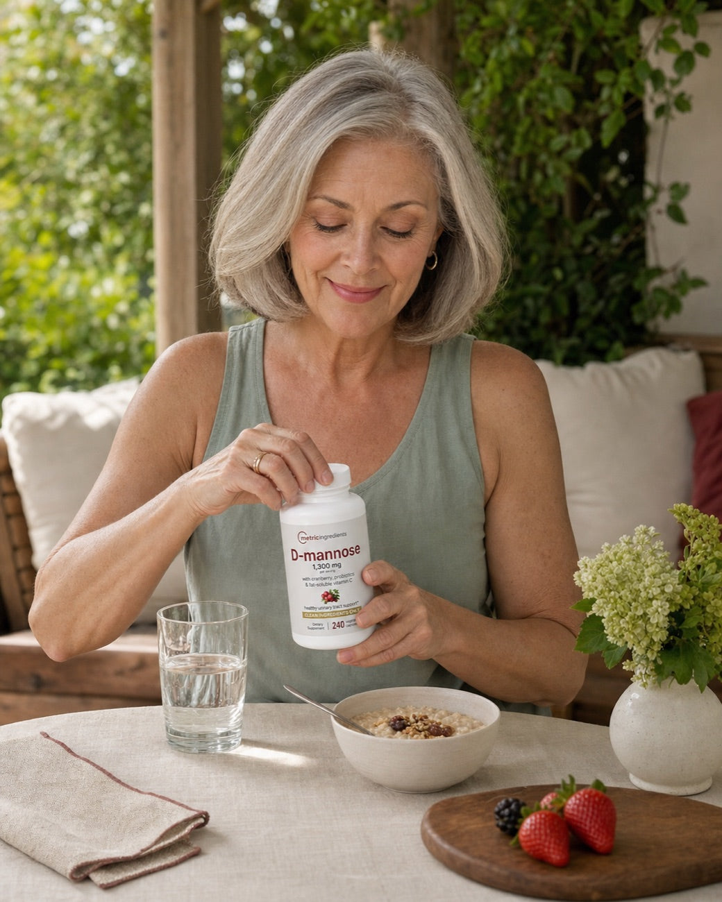 Woman opening Metric Ingredients D-mannose at an outdoor breakfast table