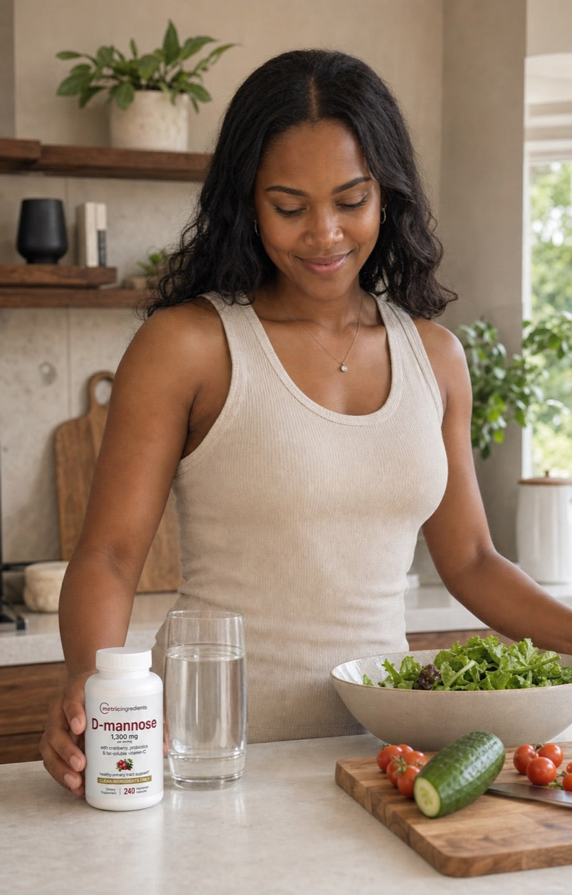 Woman preparing lunch with Metric Ingredients D-mannose and water on the counter