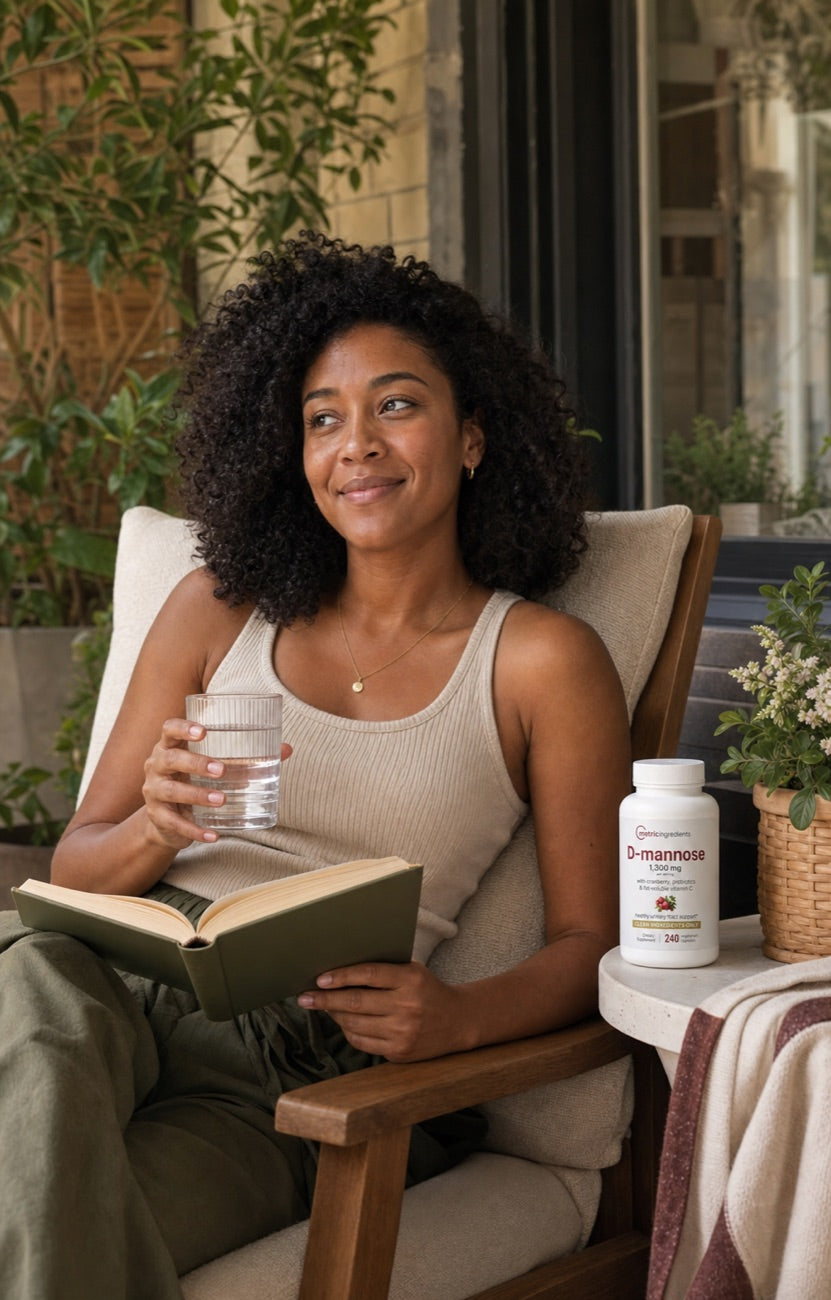 Woman reading on a porch with Metric Ingredients D-mannose beside her