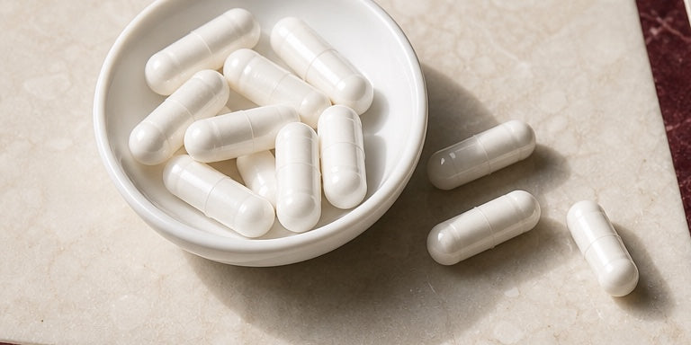 White vegetarian capsules in a ceramic dish