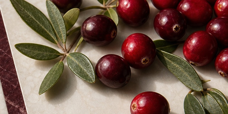 Fresh cranberries and olive-green leaves